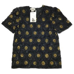 VTG Silk Sequined Beaded Top by Exotica sz S Black Gold Rosettes Embellished NEW